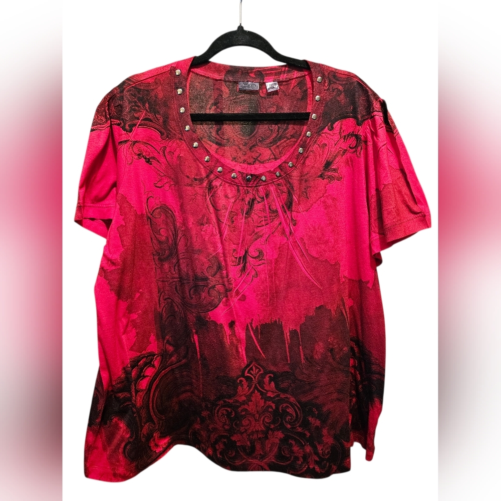 Cato Red and Black Graphic Tee with Studded Neckline. Sz 22/24W